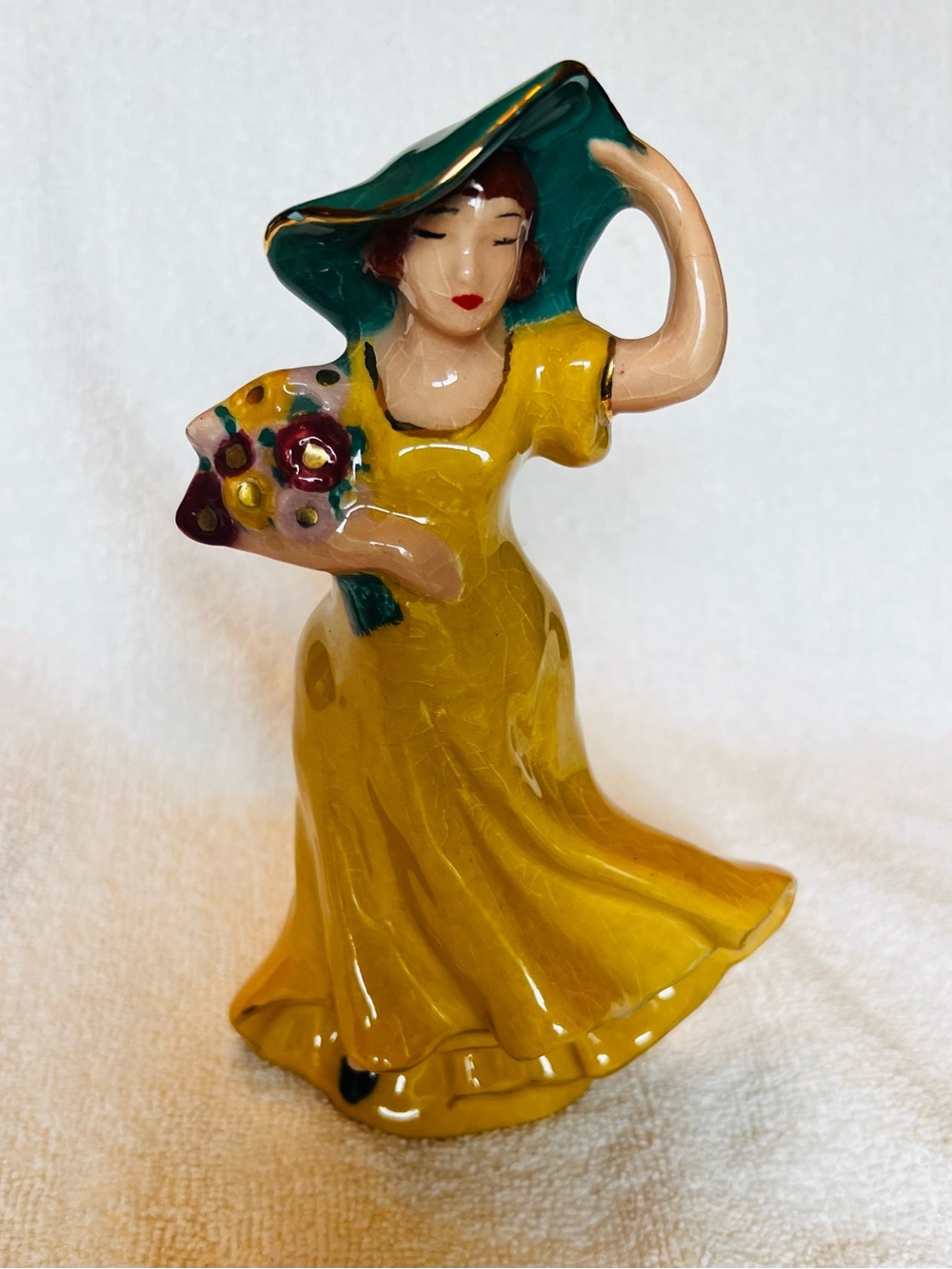 Art Deco style -Painted Ceramic Figurine of Woman in Yellow Dress with Green